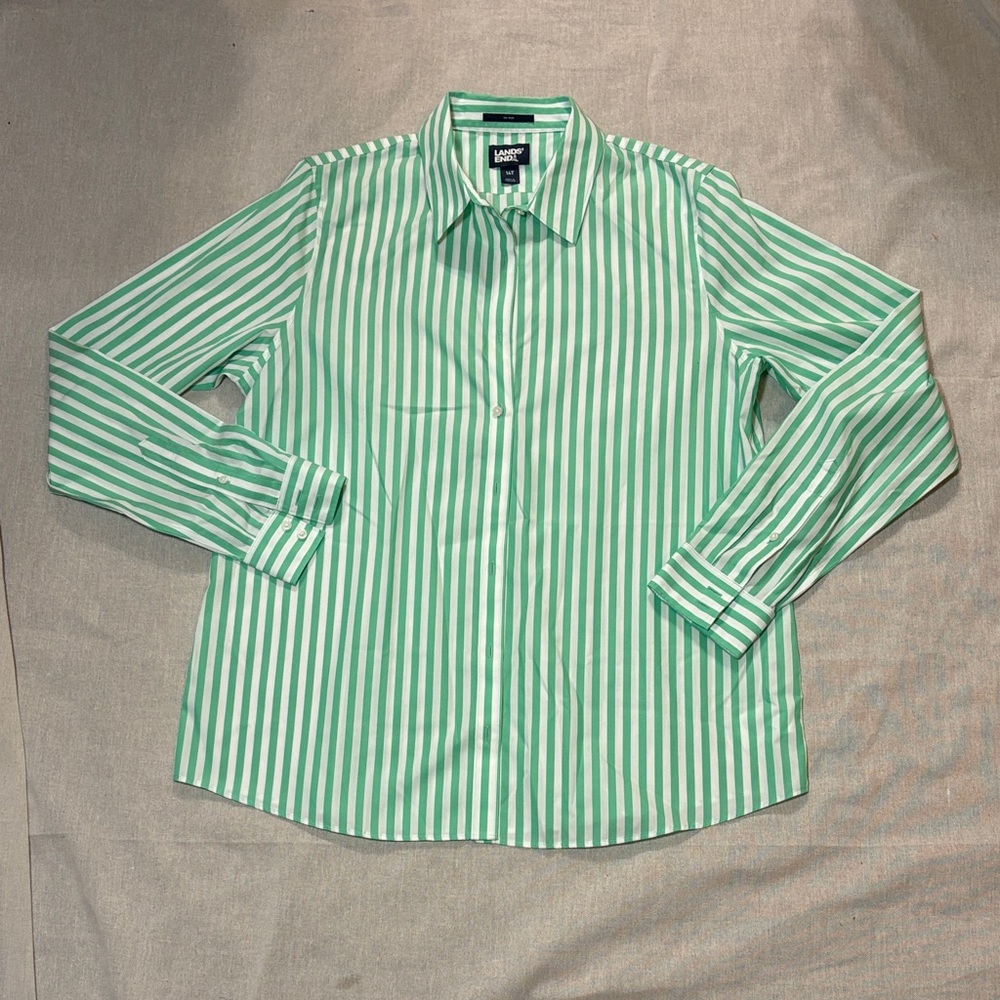 Lands' End Women's Green and White Striped Button Down‎ Shirt size 14T